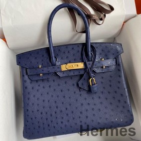 Hermes Birkin 30 Retourne Handmade Bag In Blue Iris Ostrich Leather