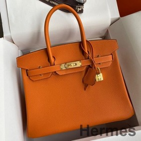 Hermes Birkin 30 Retourne Handmade Bag In Orange Clemence Leather