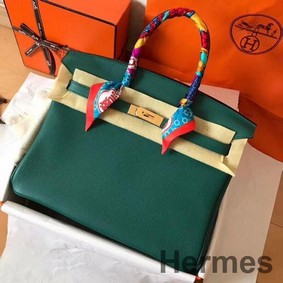 Hermes Birkin 35 Handmade Bag In Malachite Clemence Leather