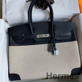 Hermes Birkin 35 Handmade Bag In Toile & Black Swift Leather