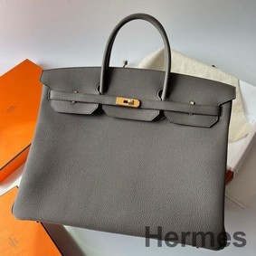 Hermes Birkin 40 Retourne Handmade Bag In Etain Clemence Leather
