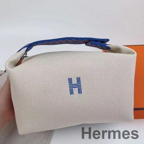Hermes Bride-a-Brac Large Case in Ecru Canvas with Blue Zigzag Motifs