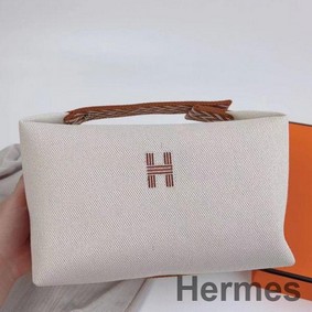 Hermes Bride-a-Brac Large Case in Ecru Canvas with Brown Zigzag Motifs
