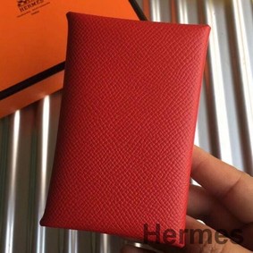 Hermes Calvi Card Holder In Red Epsom Leather
