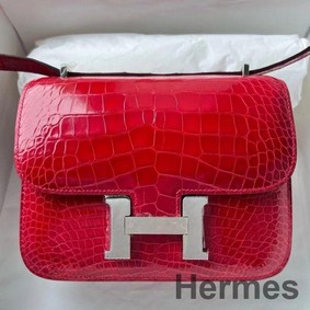 Hermes Constance 18 Handmade Bag In Red Shiny Alligator Leather