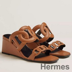 Hermes Figari 55mm Wedge Sandals In Brown Nappa Leather