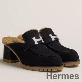 Hermes Flore 60 Mules in Black Suede with Shearling