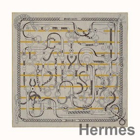 Hermes Grey/Yellow Panoplie Equestre Eyeliner Shawl 140