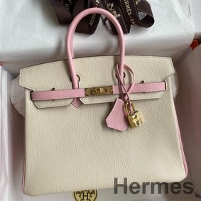 Hermes HSS Birkin 25 Bicolor Bag in Craie and Pink Chevre Mysore Leather