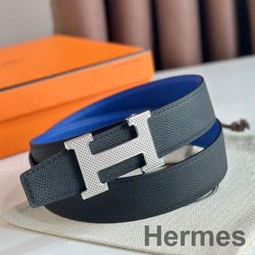 Hermes H Guillochee Reversible Belt 32MM in Black and Blue Epsom Calfskin