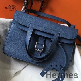 Hermes Halzan 31cm Bag In Blue Agate Clemence Leather