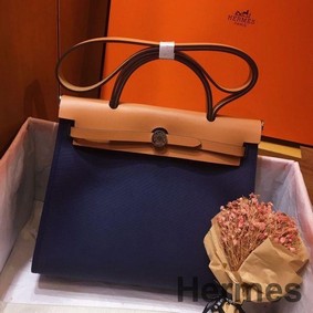 Hermes Herbag Zip 31cm Bag In Brown And Blue