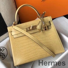 Hermes Kelly 25cm Handmade Bag In Jaune Poussin Embossed Crocodile Leather