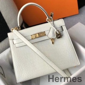 Hermes Kelly 25cm Handmade Bag In White Embossed Crocodile Leather