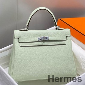 Hermes Kelly 25cm Retourne Bag In Vert Fizz Clemence Leather
