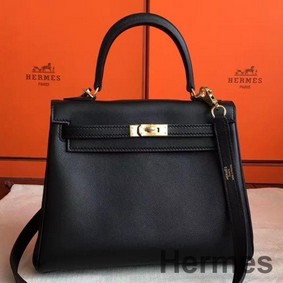 Hermes Kelly 25cm Retourne Handmade Bag In Black Swift Leather