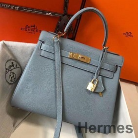 Hermes Kelly 28cm Bag In Blue Lin Clemence Leather GHW