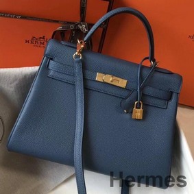 Hermes Kelly 32cm Bag In Blue Agate Clemence Leather GHW