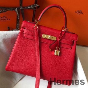 Hermes Kelly 32cm Bag In Red Clemence Leather GHW