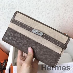 Hermes Kelly Classic Long Wallet In Etoupe Clemence Leather