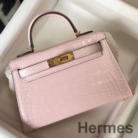 Hermes Kelly Mini II Bag In Rose Dragee Embossed Crocodile Leather
