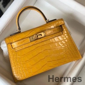 Hermes Kelly Mini II Bag In Yellow Embossed Crocodile Leather