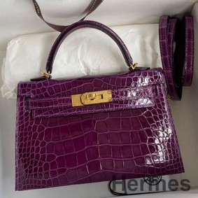 Hermes Kelly Mini II Sellier Handmade Bag In Purple Shiny Alligator Leather