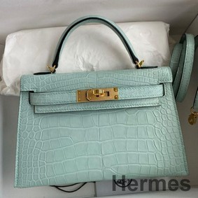 Hermes Kelly Mini II Sellier Handmade Bag In Vert D'eau Matte Alligator Leather