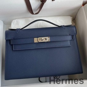 Hermes Kelly Pochette Handmade Bag In Blue Saphir Epsom Calfskin