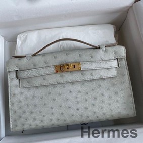 Hermes Kelly Pochette Handmade Bag In Pearl Grey Ostrich Leather
