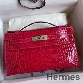 Hermes Kelly Pochette Handmade Bag In Rose Extreme Shiny Alligator Leather