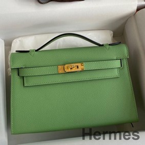 Hermes Kelly Pochette Handmade Bag In Vert Criquet Epsom Calfskin