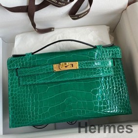 Hermes Kelly Pochette Handmade Bag In Vert Emerald Shiny Alligator Leather