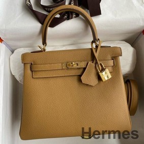 Hermes Kelly Retourne 25 Handmade Bag In Biscuit Clemence Leather