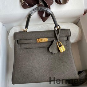 Hermes Kelly Retourne 25 Handmade Bag In Etain Clemence Leather