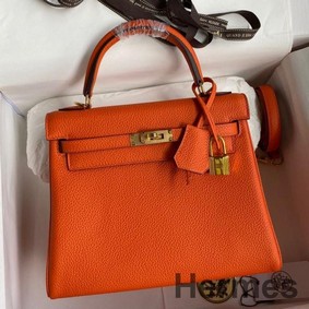 Hermes Kelly Retourne 25 Handmade Bag In Orange Clemence Leather
