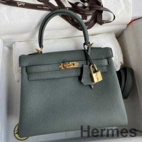 Hermes Kelly Retourne 25 Handmade Bag In Vert Amande Clemence Leather