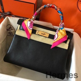 Hermes Kelly Retourne 28 Handmade Bag In Black Swift Calfskin