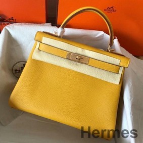 Hermes Kelly Retourne 28 Handmade Bag In Jaune Ambre Clemence Leather