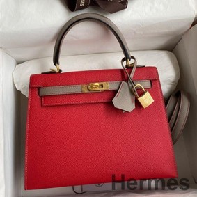 Hermes Kelly Sellier 25 Bicolor Bag in Red and Etain Epsom Calfskin