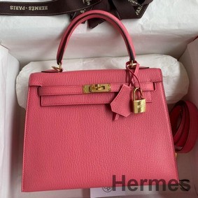 Hermes Kelly Sellier 25 Handmade Bag In Rose Lipstick Mysore Goatskin
