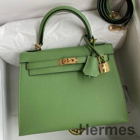 Hermes Kelly Sellier 25 Handmade Bag In Vert Criquet Epsom Calfskin