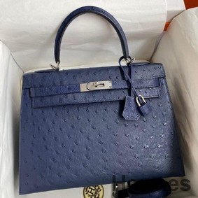 Hermes Kelly Sellier 32 Handmade Bag In Blue Iris Ostrich Leather
