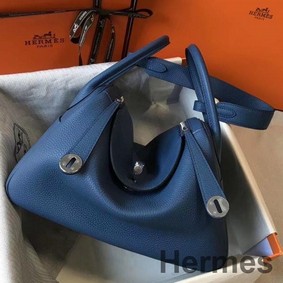 Hermes Lindy 30cm Bag In Blue Agate Clemence Leather PHW