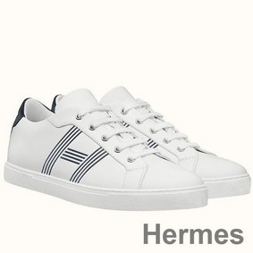Hermes Men's Avantage Sneakers In White/Blue Calfskin
