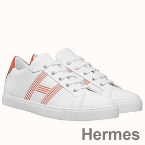 Hermes Men's Avantage Sneakers In White/Orange Calfskin