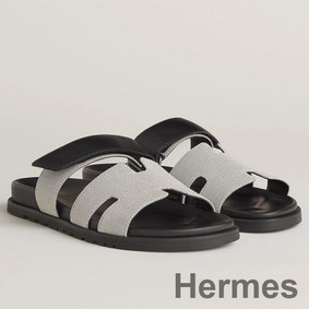 Hermes Men's Chypre Sandals In Canvas with Black Leather