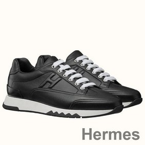 Hermes Men's Trail Sneakers In Black Calfskin Leather