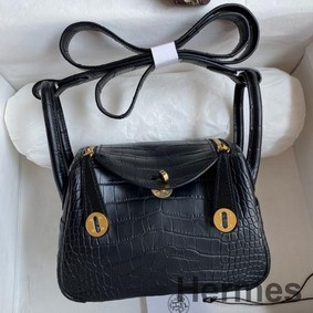 Hermes Mini Lindy Handmade Bag In Black Matte Alligator Leather