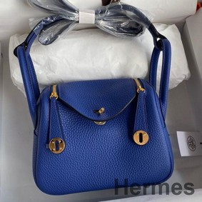Hermes Mini Lindy Handmade Bag In Blue Electric Clemence Leather
